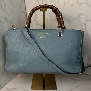 🟥SOLD🟥Gucci Blue Leather Handbag with Bamboo Handle